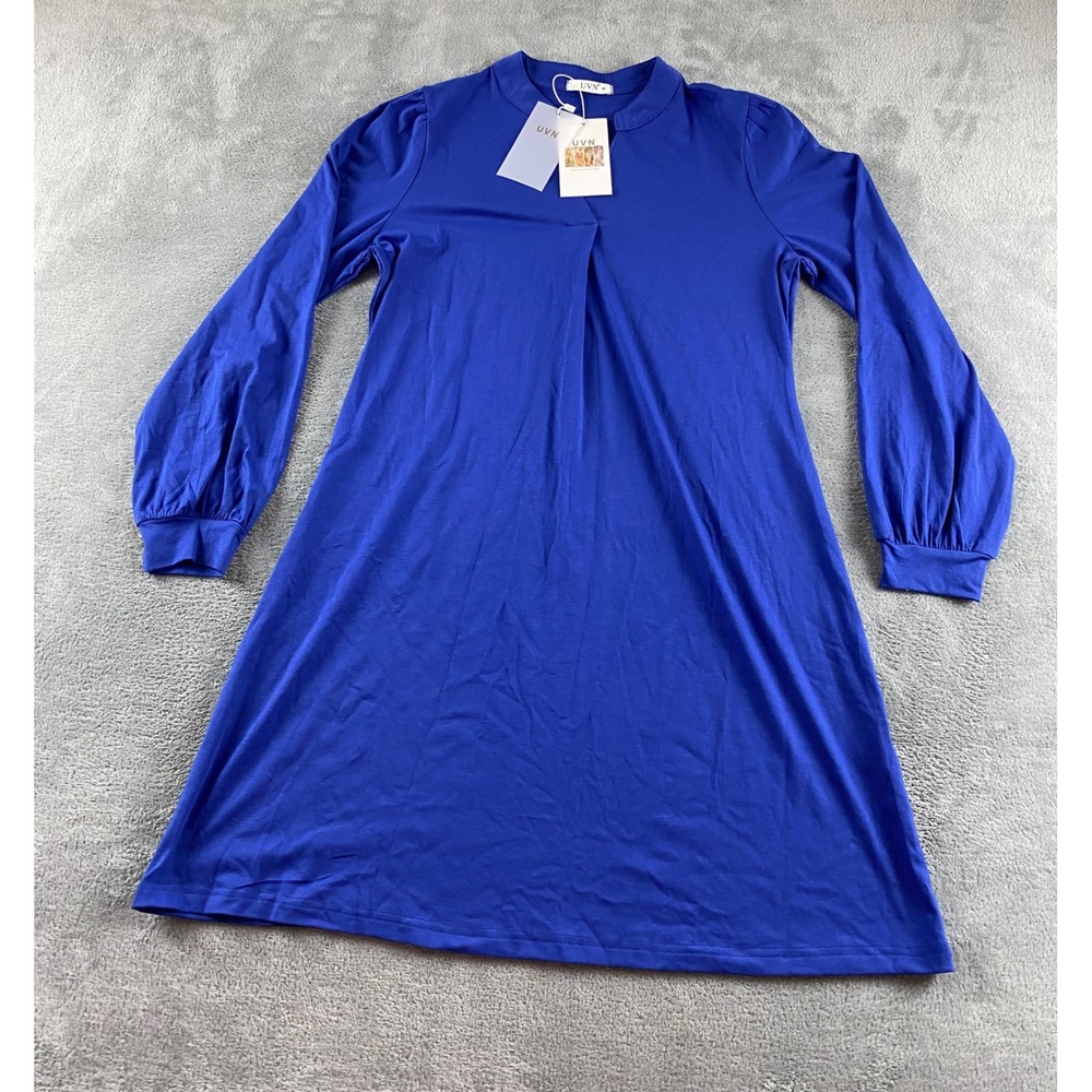 UVN Royal Blue Long Sleeve Shift Dress Split Neck‎ Pleated Front Size S NEW